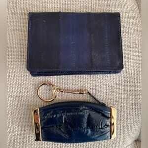 Vintage Eel Skin Navy Blue 2 Piece Set Card Holder Wallet Key Coin Pouch